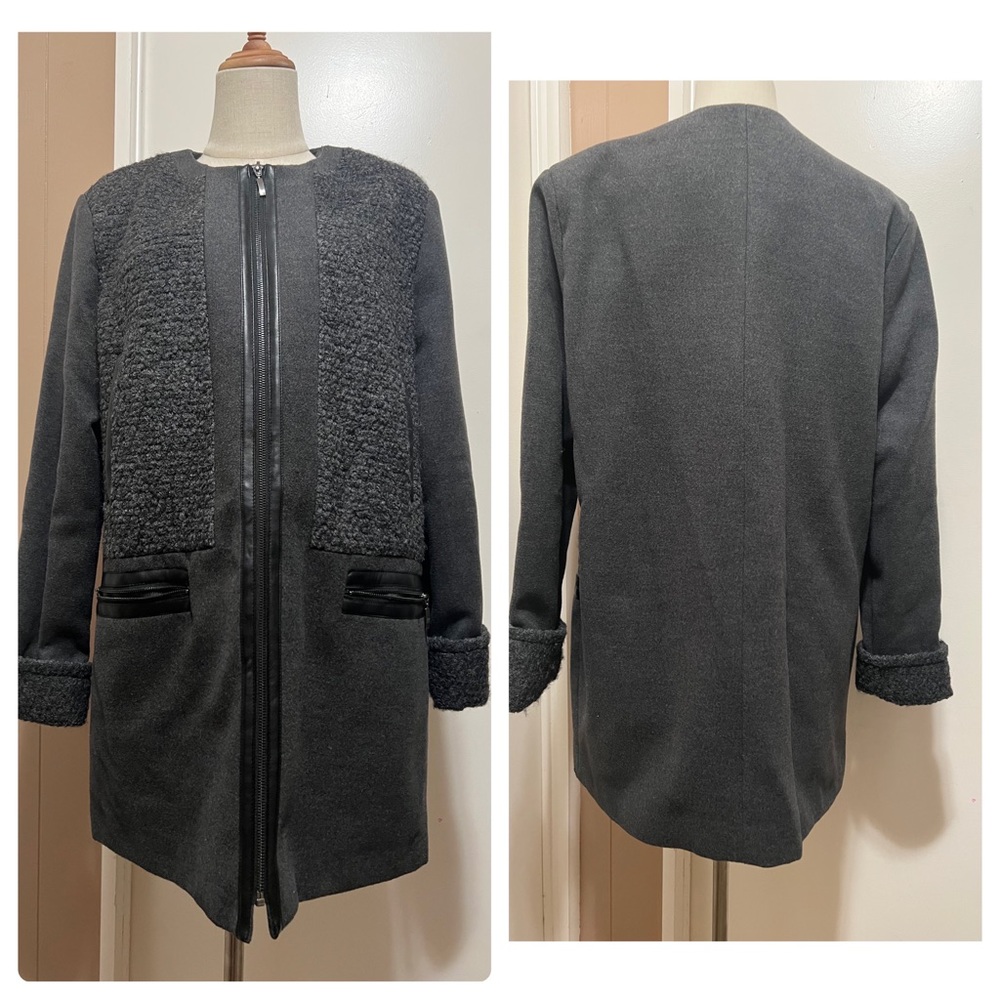 Metaphor Womans Wool Blend Jacket with faux Leather Trim Grey Size L.